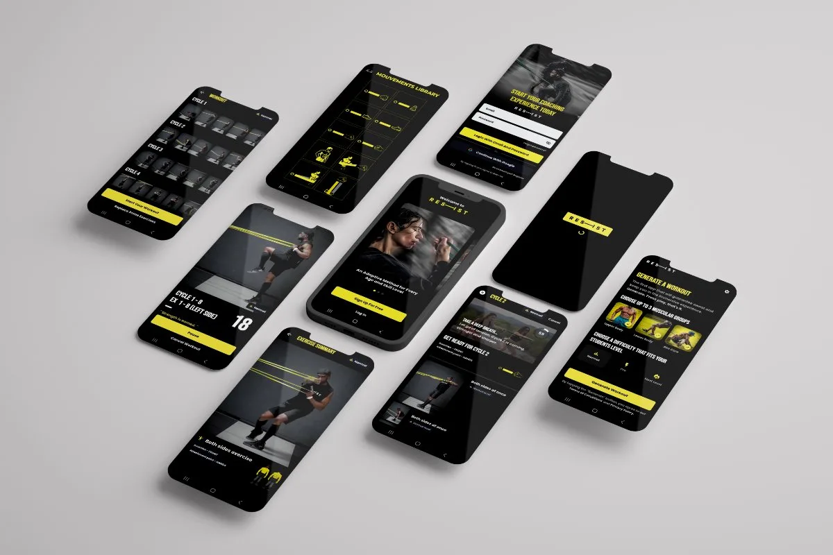 Écrans de l'application RES-IST Trainer : séance du jour, chrono PIIT et vidéo du mouvement